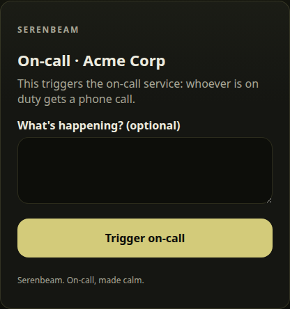 The activation page a client opens: the client's name, an optional note field, and one button that starts the on-call call.